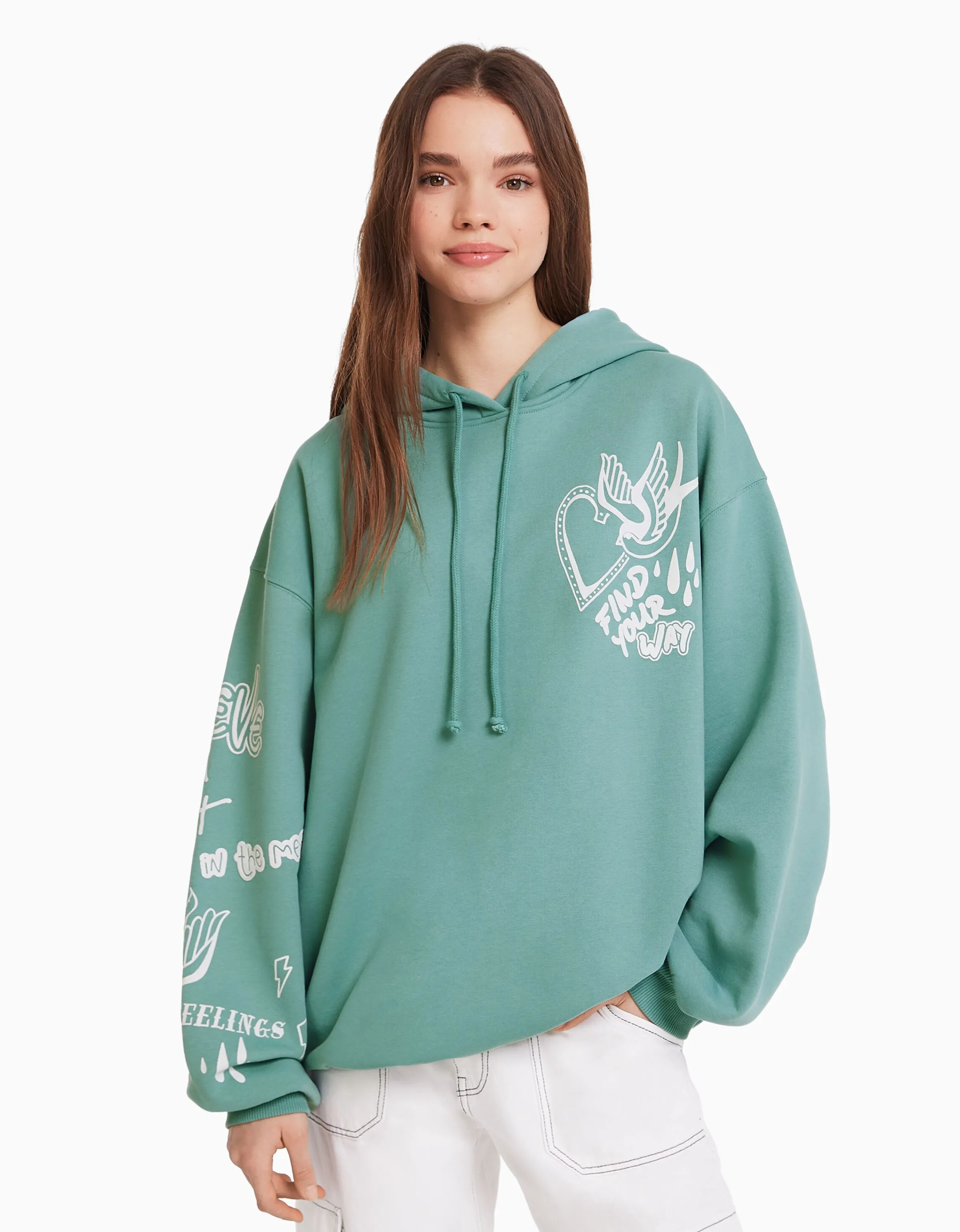 BERSHKA Sudadera capucha print Verde Fashion