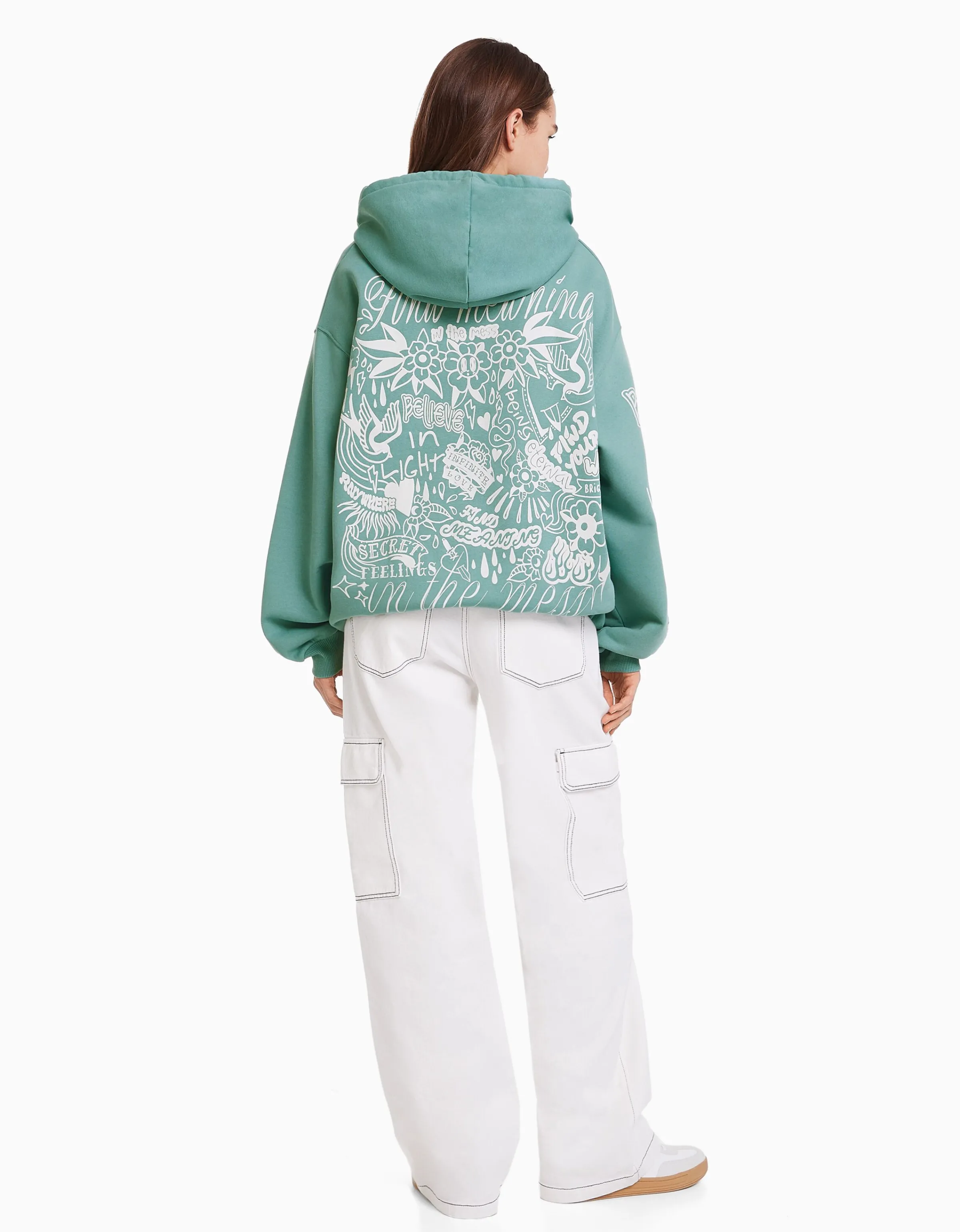 BERSHKA Sudadera capucha print Verde Fashion