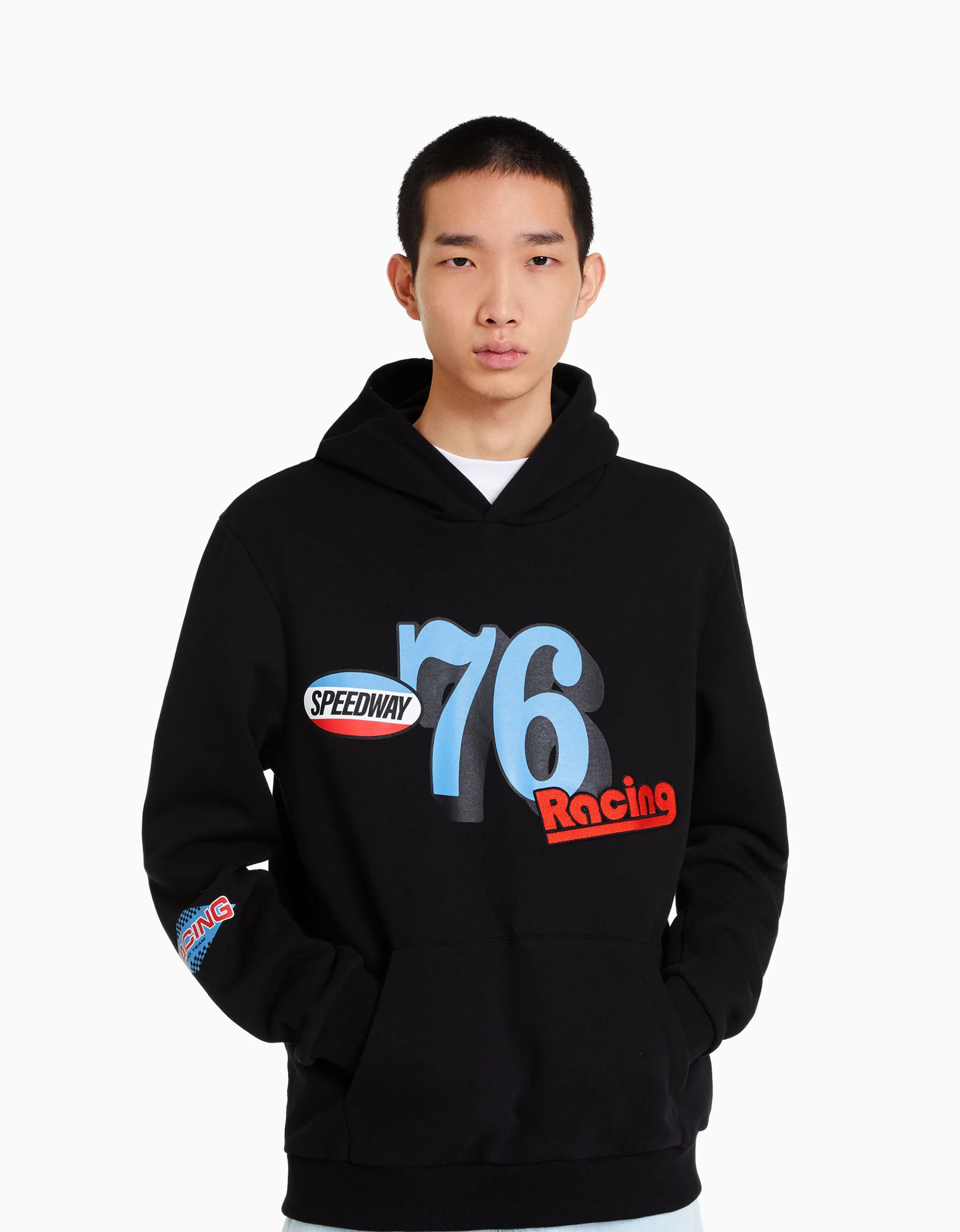 BERSHKA Sudadera capucha print racing Negro Best Sale