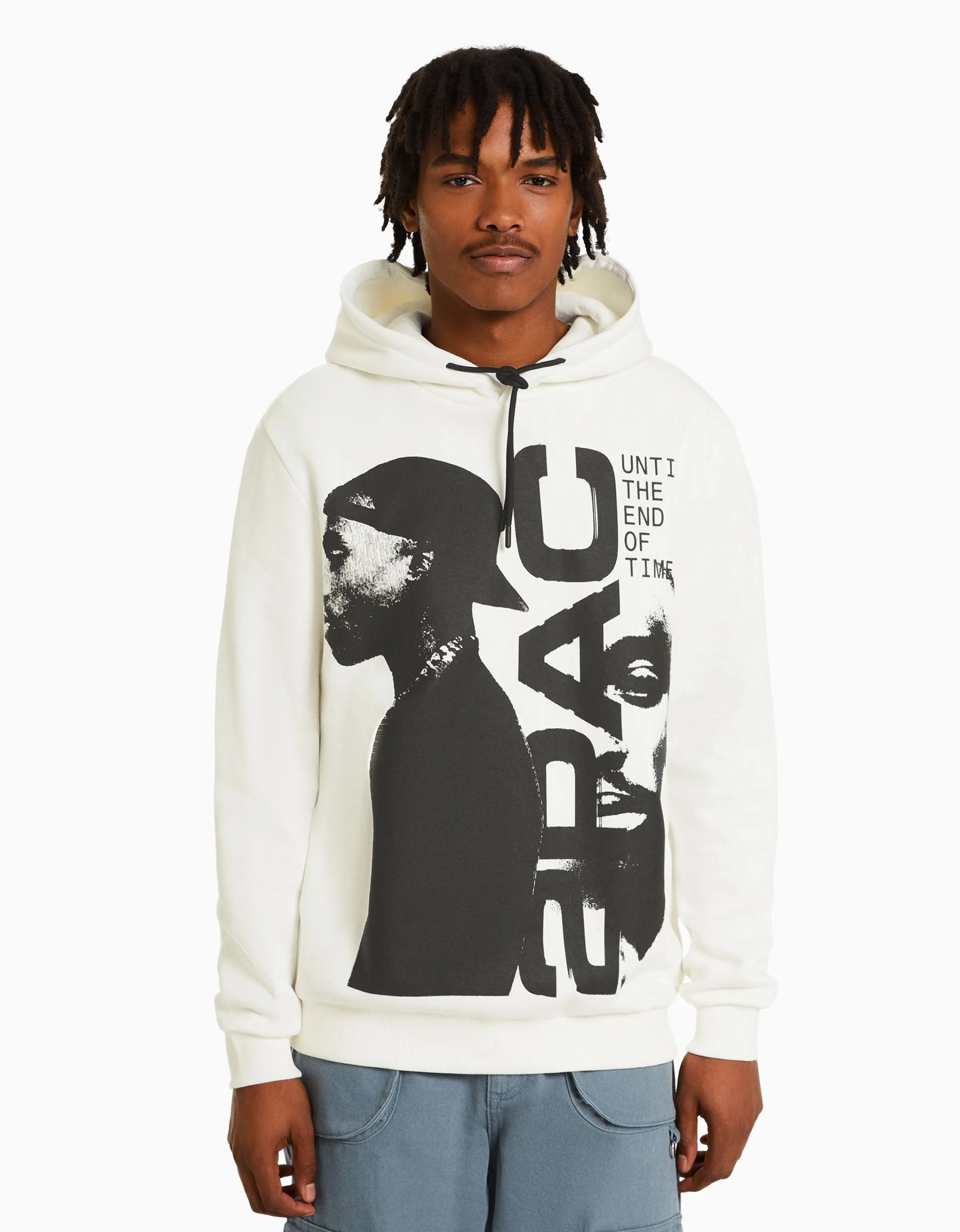 BERSHKA Sudadera capucha Tupac Blanco Outlet