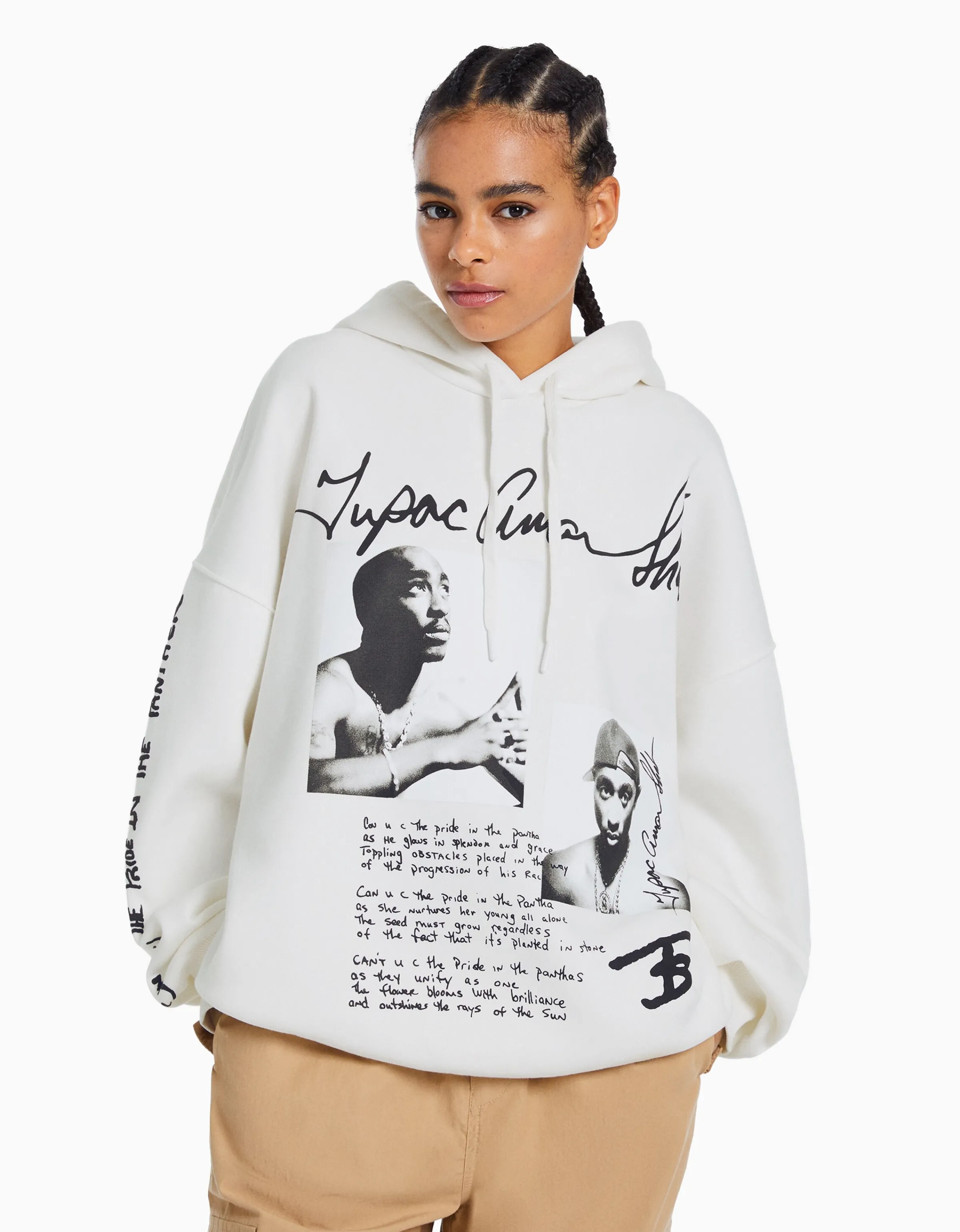 BERSHKA Sudadera capucha Tupac Blanco roto Best