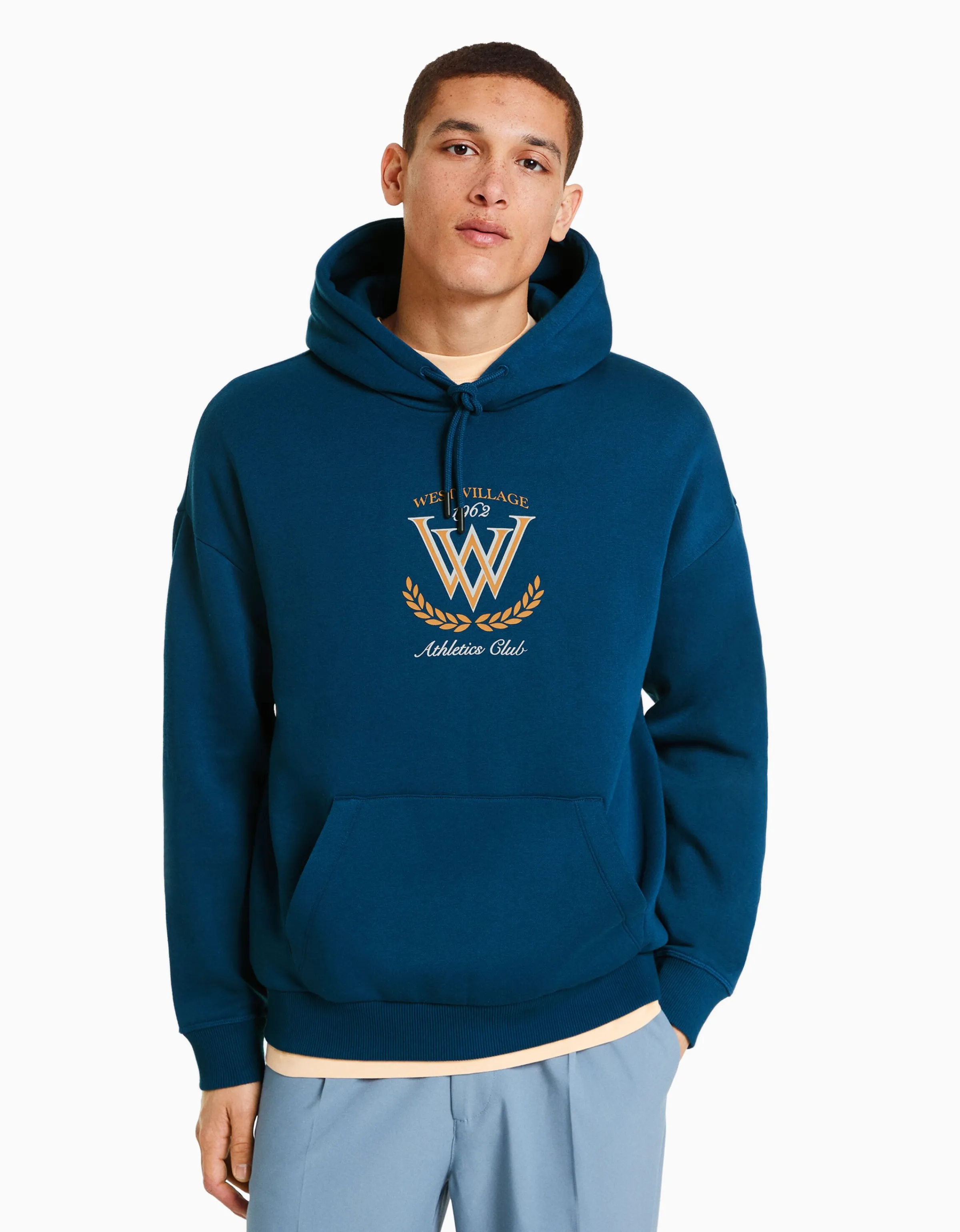 BERSHKA Sudadera capucha varsity Azul oscuro New