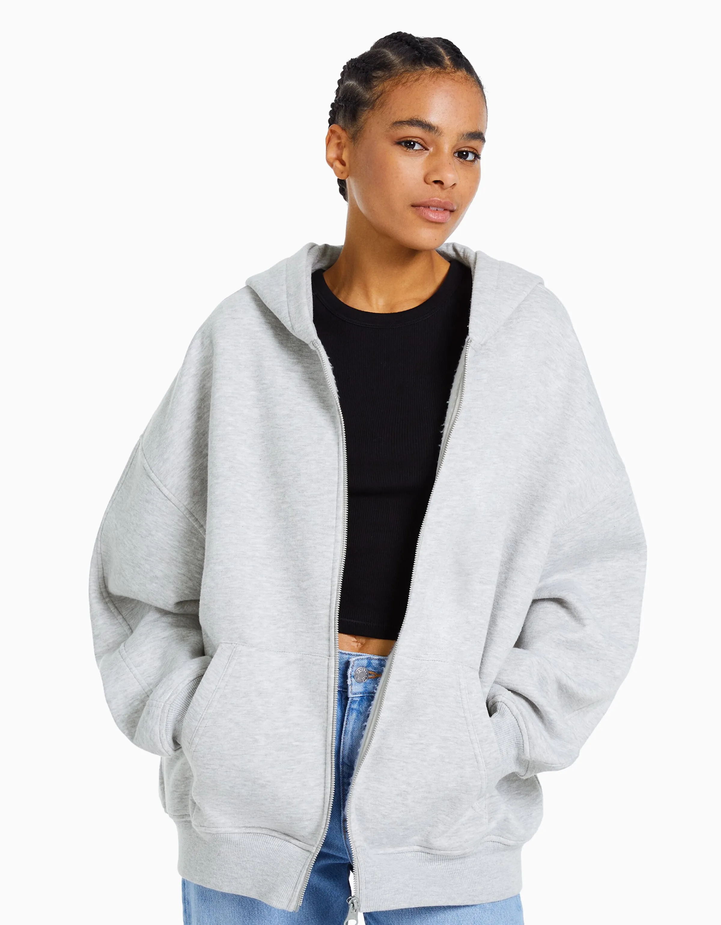 BERSHKA Sudadera cremallera capucha oversize Gris Hot