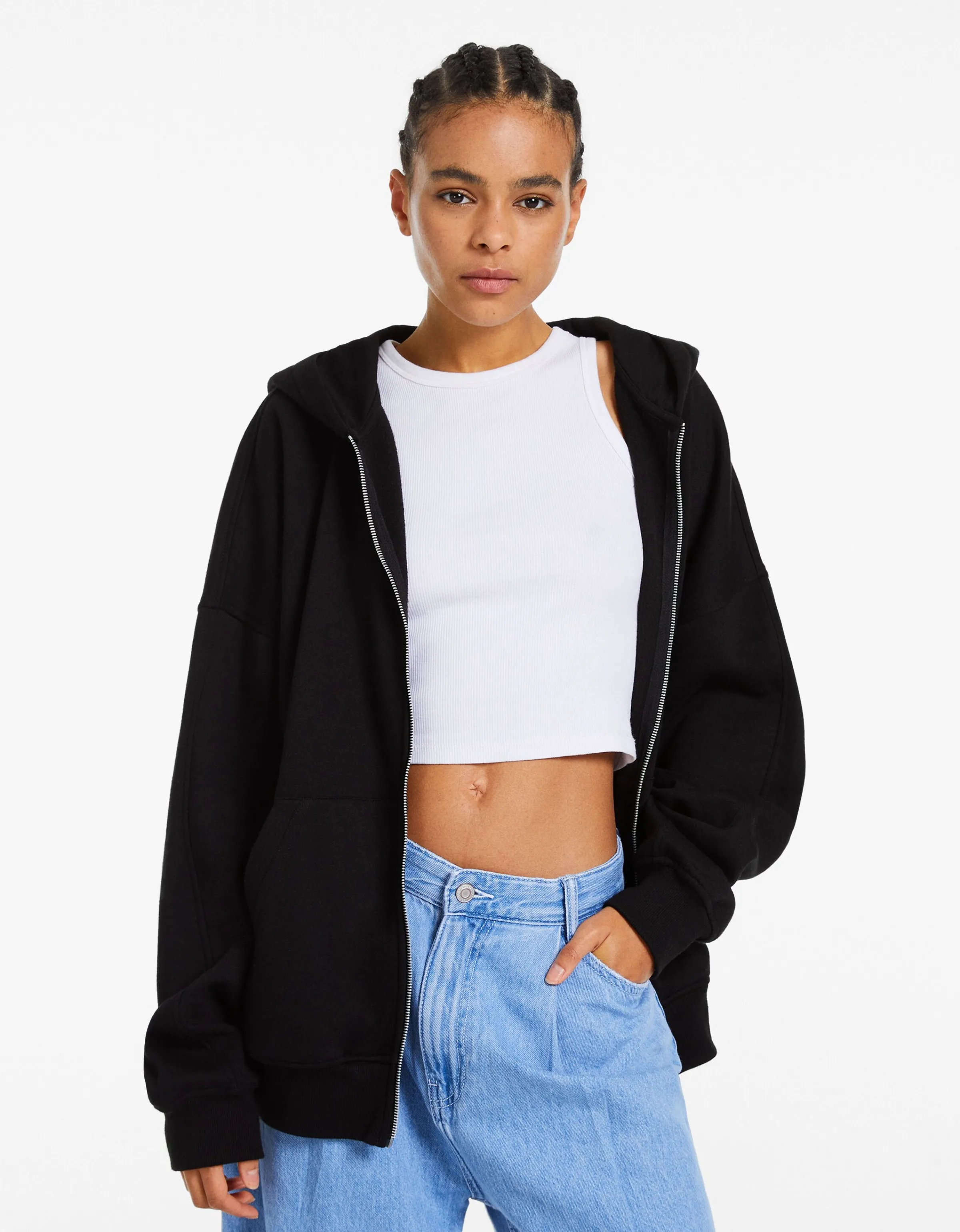 BERSHKA Sudadera cremallera capucha oversize Negro Online