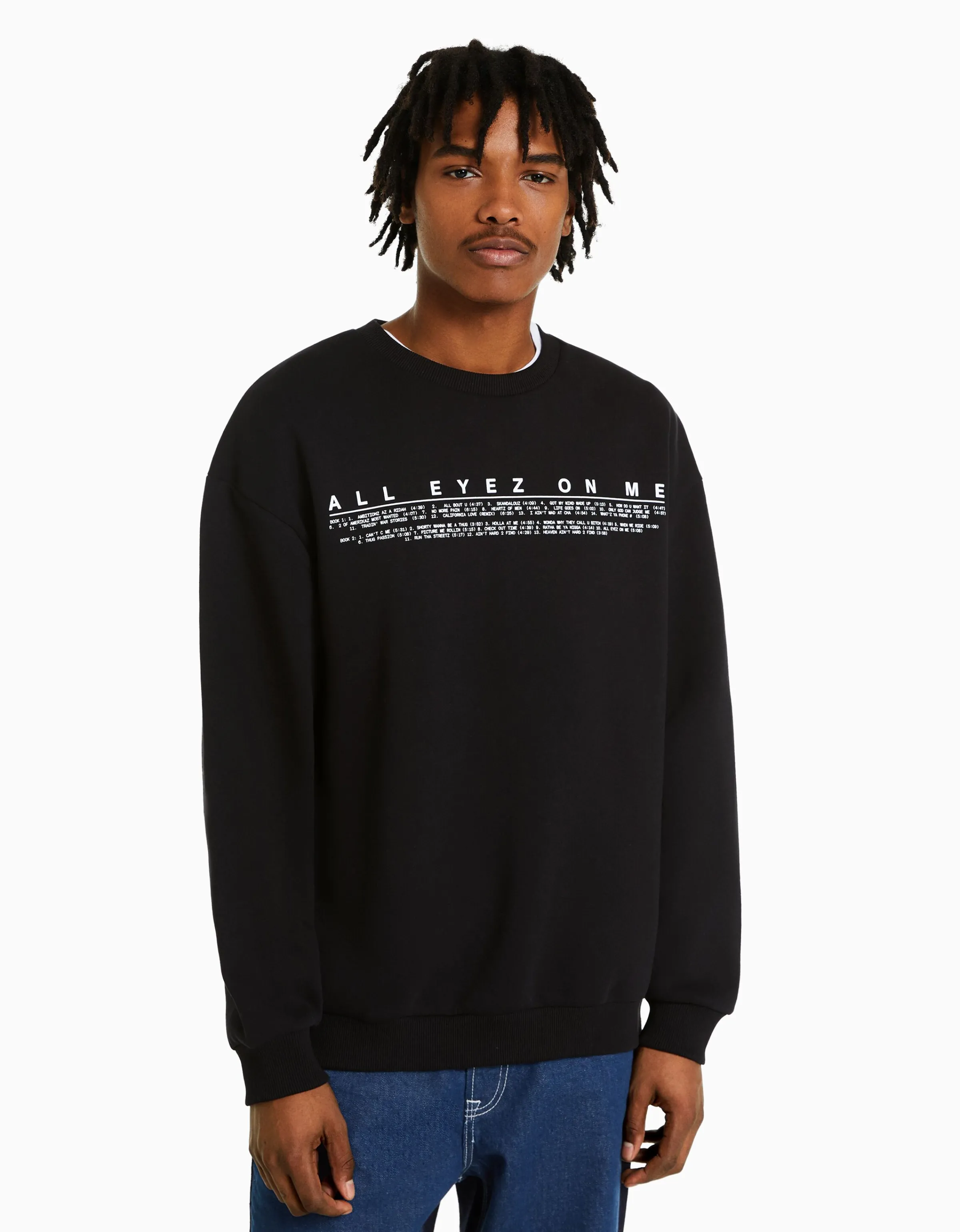 BERSHKA Sudadera cuello redondo Tupac Negro Clearance