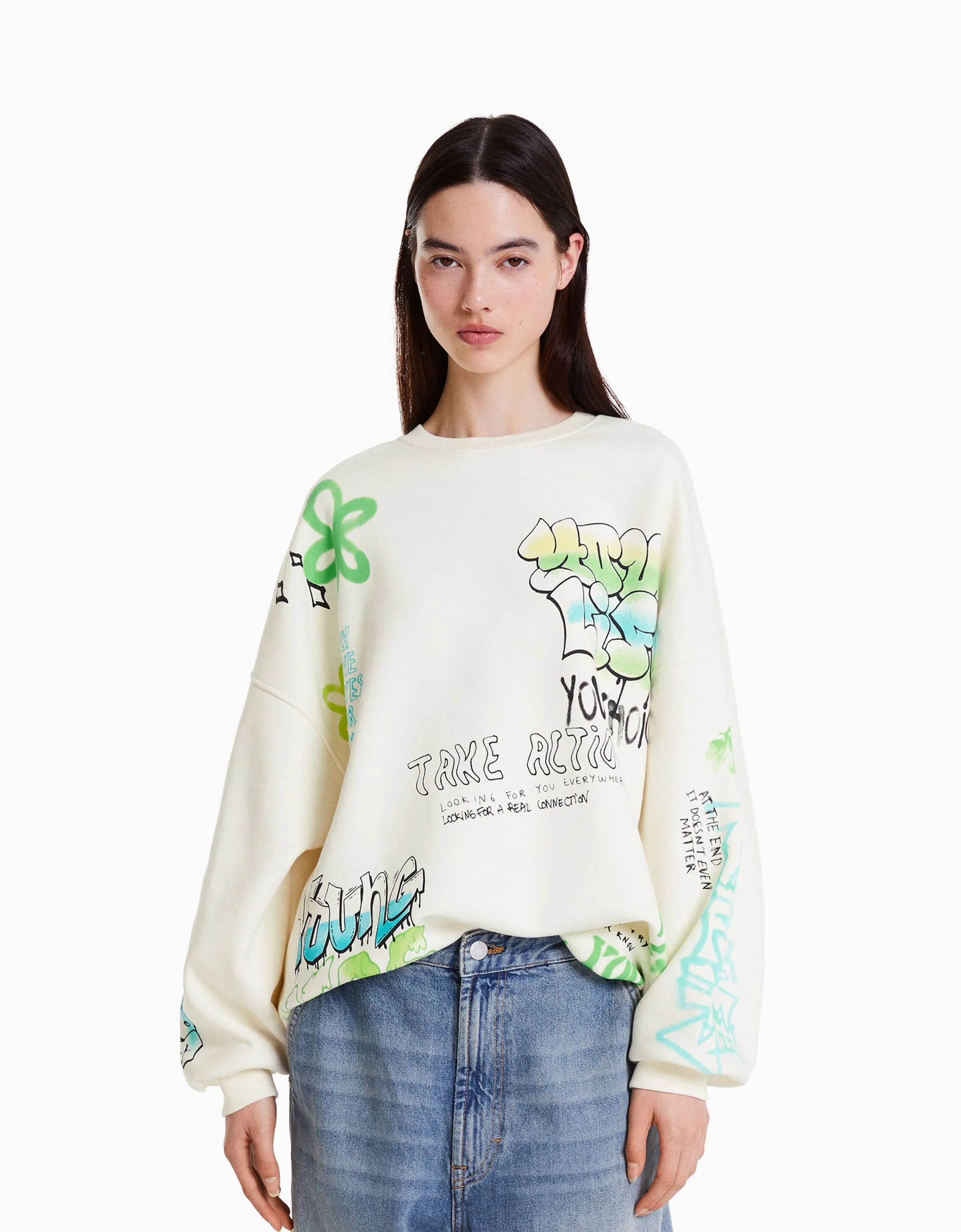 BERSHKA Sudadera print Crudo Fashion