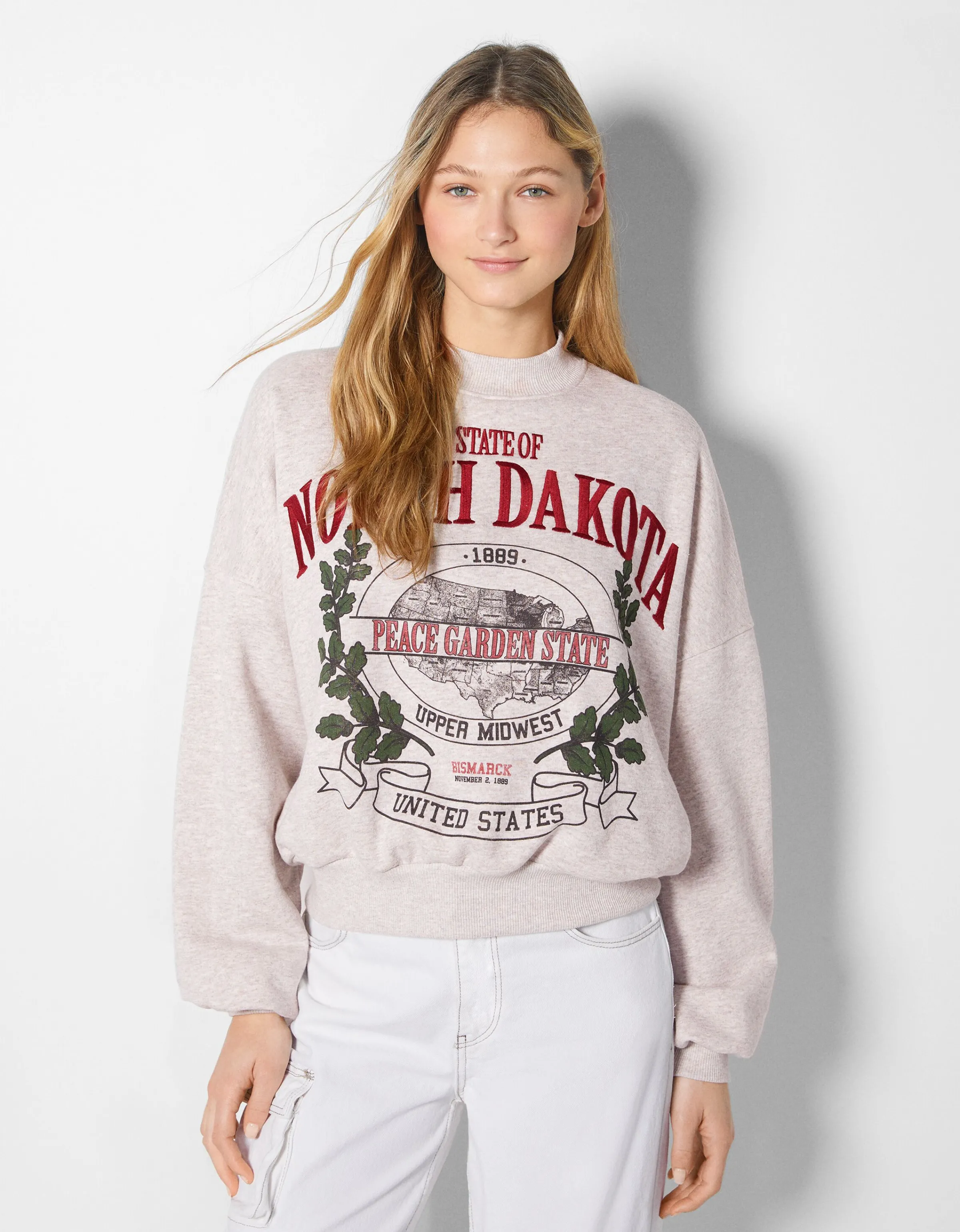 BERSHKA Sudadera print bordado Arena Outlet