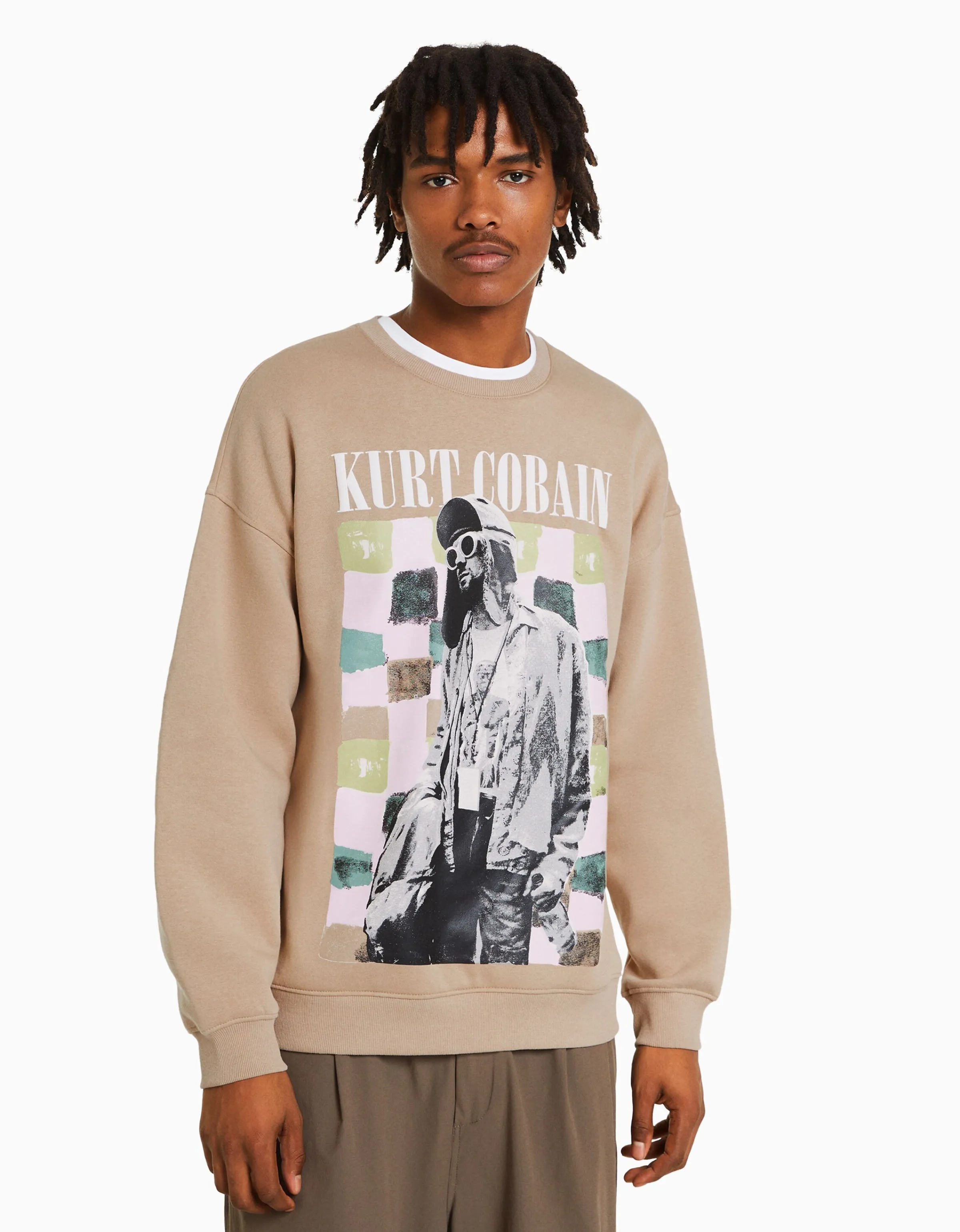 BERSHKA Sudadera print Kurt Cobain Camel Outlet