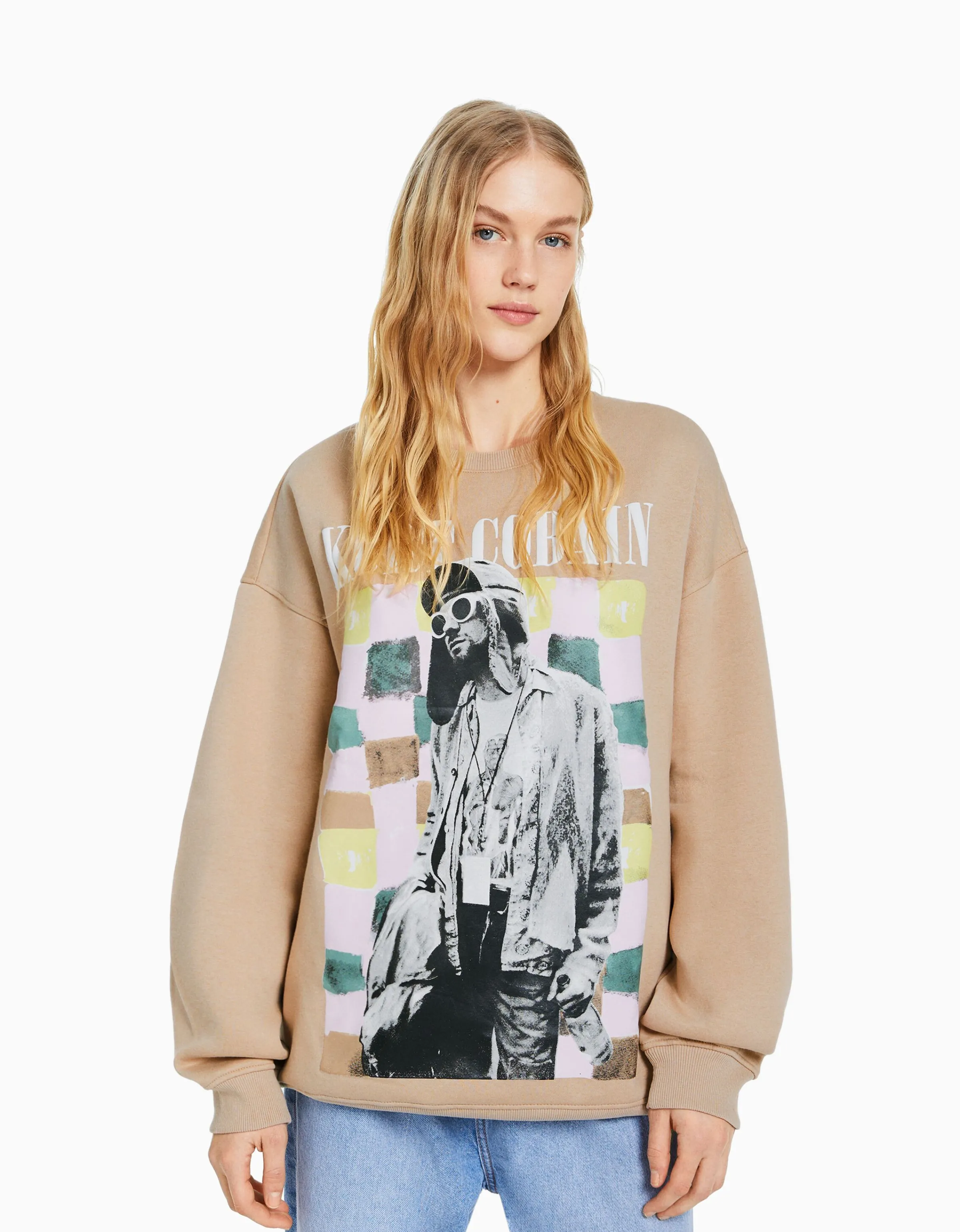 BERSHKA Sudadera print Kurt Cobain Camel Hot