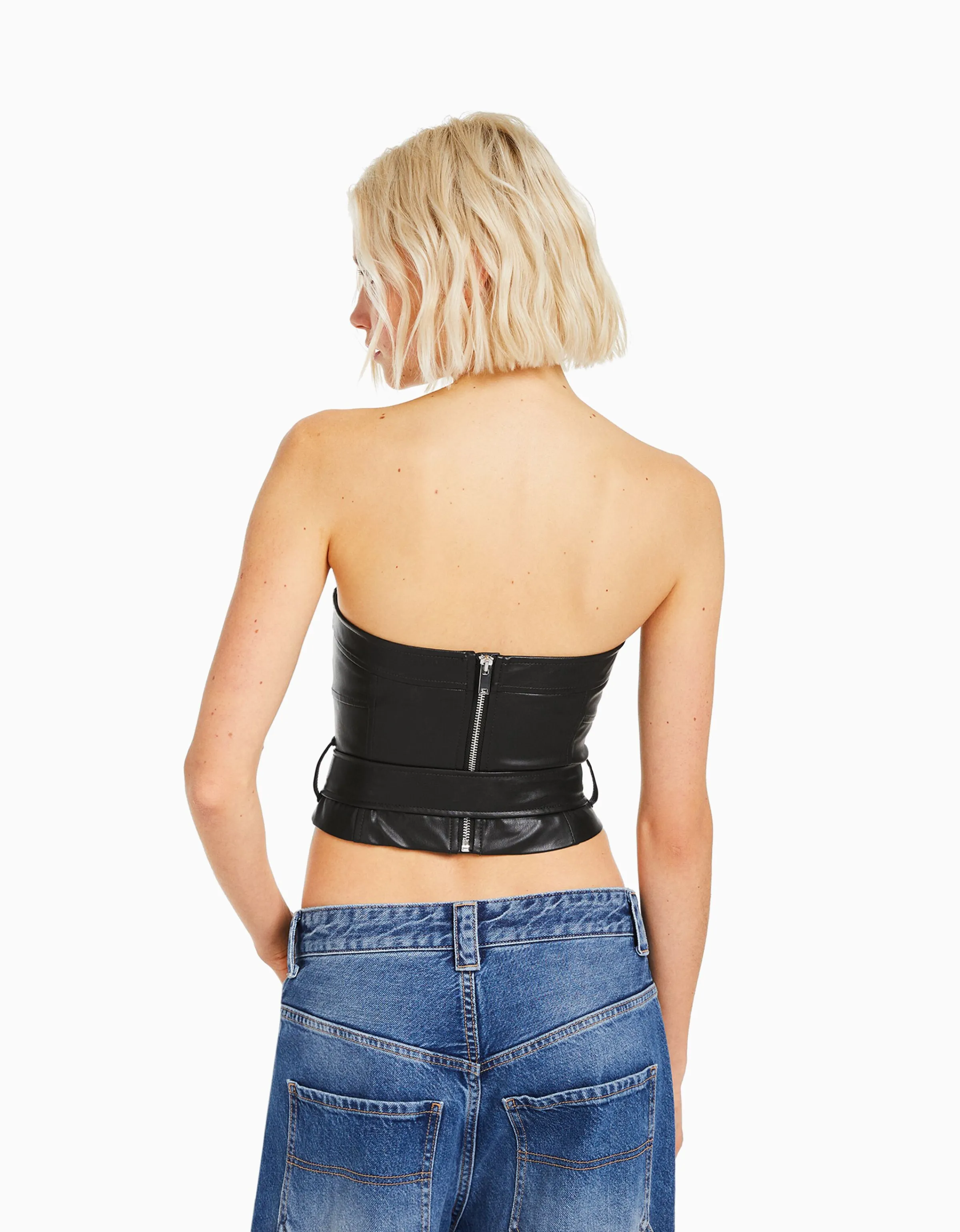 BERSHKA Top corsé efecto piel detalle cinturón Negro Outlet