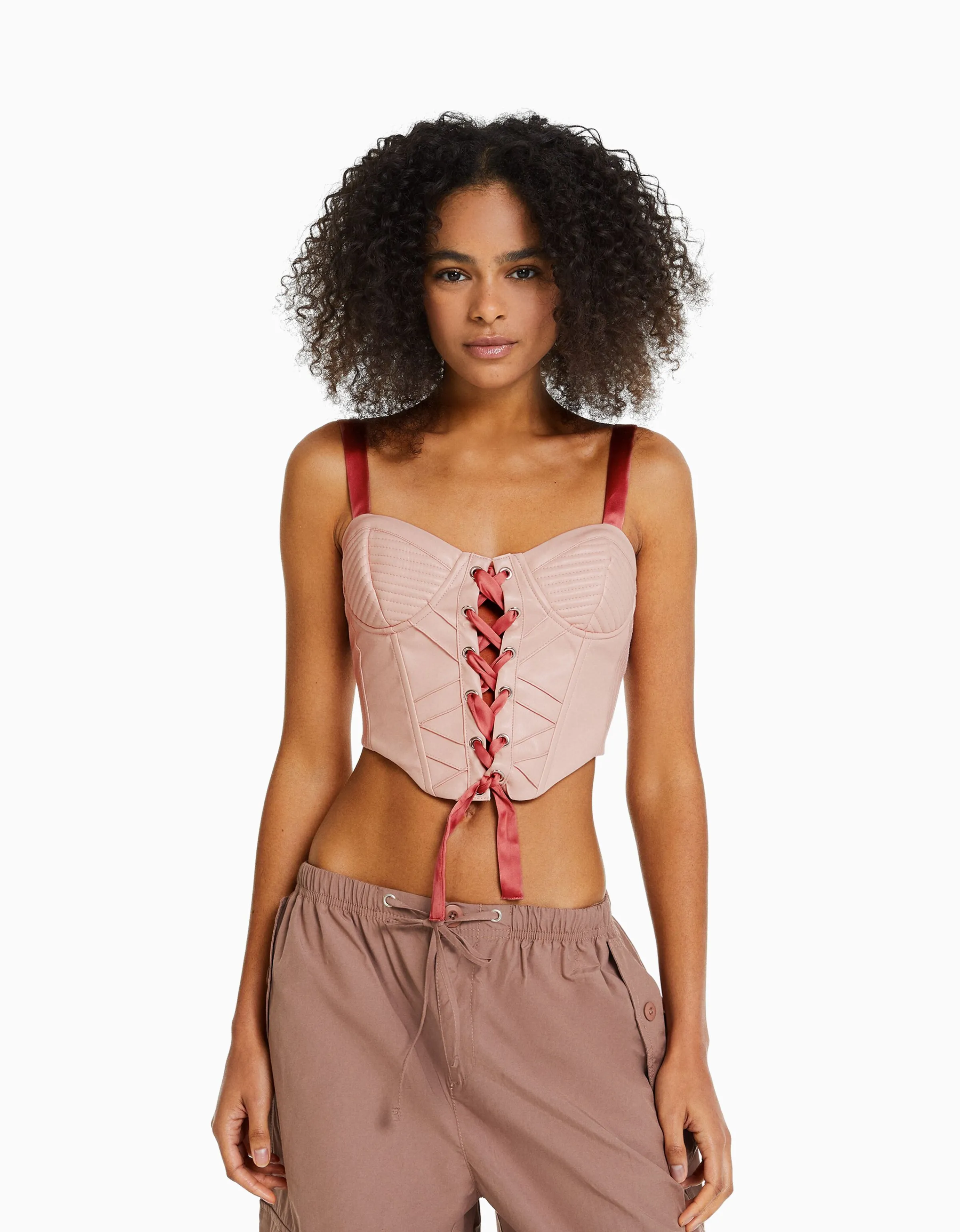 BERSHKA Top corsé efecto piel tirantes y lace up satinados Rosa Discount