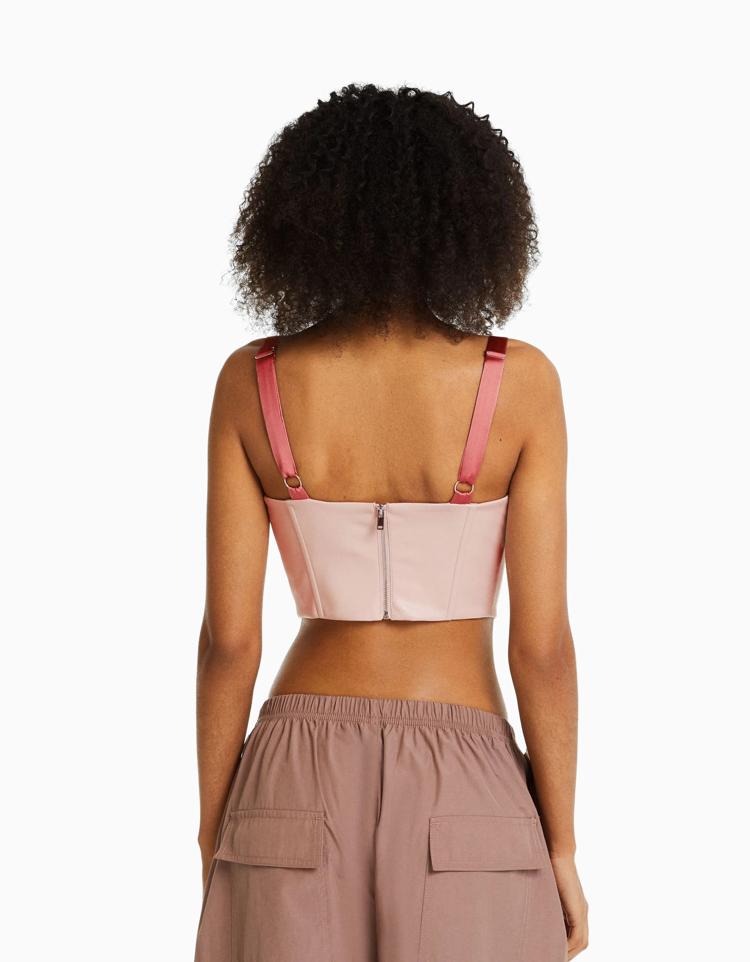 BERSHKA Top corsé efecto piel tirantes y lace up satinados Rosa Discount