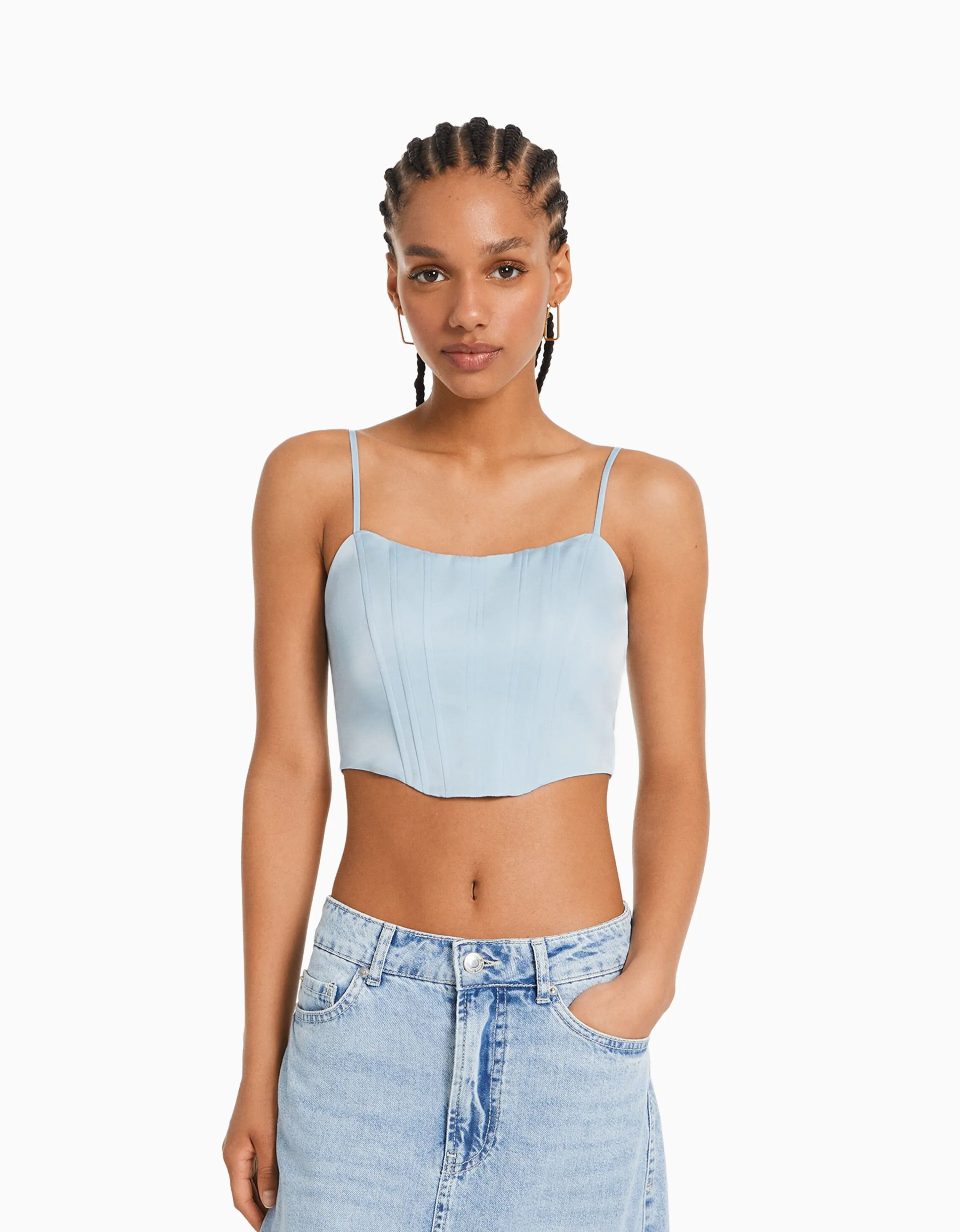 BERSHKA Top corsé tirantes satinado Azul claro Discount