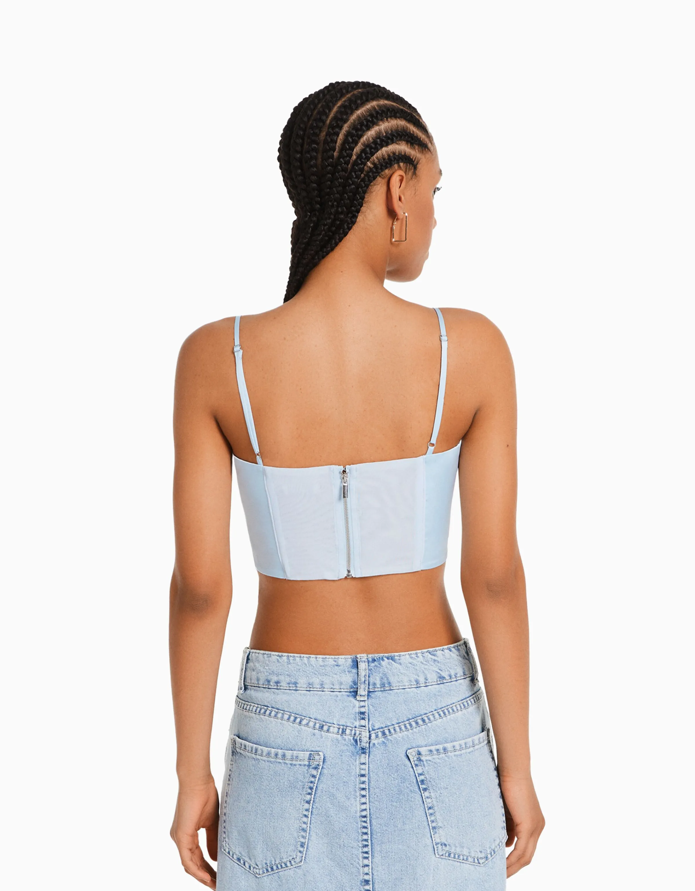 BERSHKA Top corsé tirantes satinado Azul claro Discount