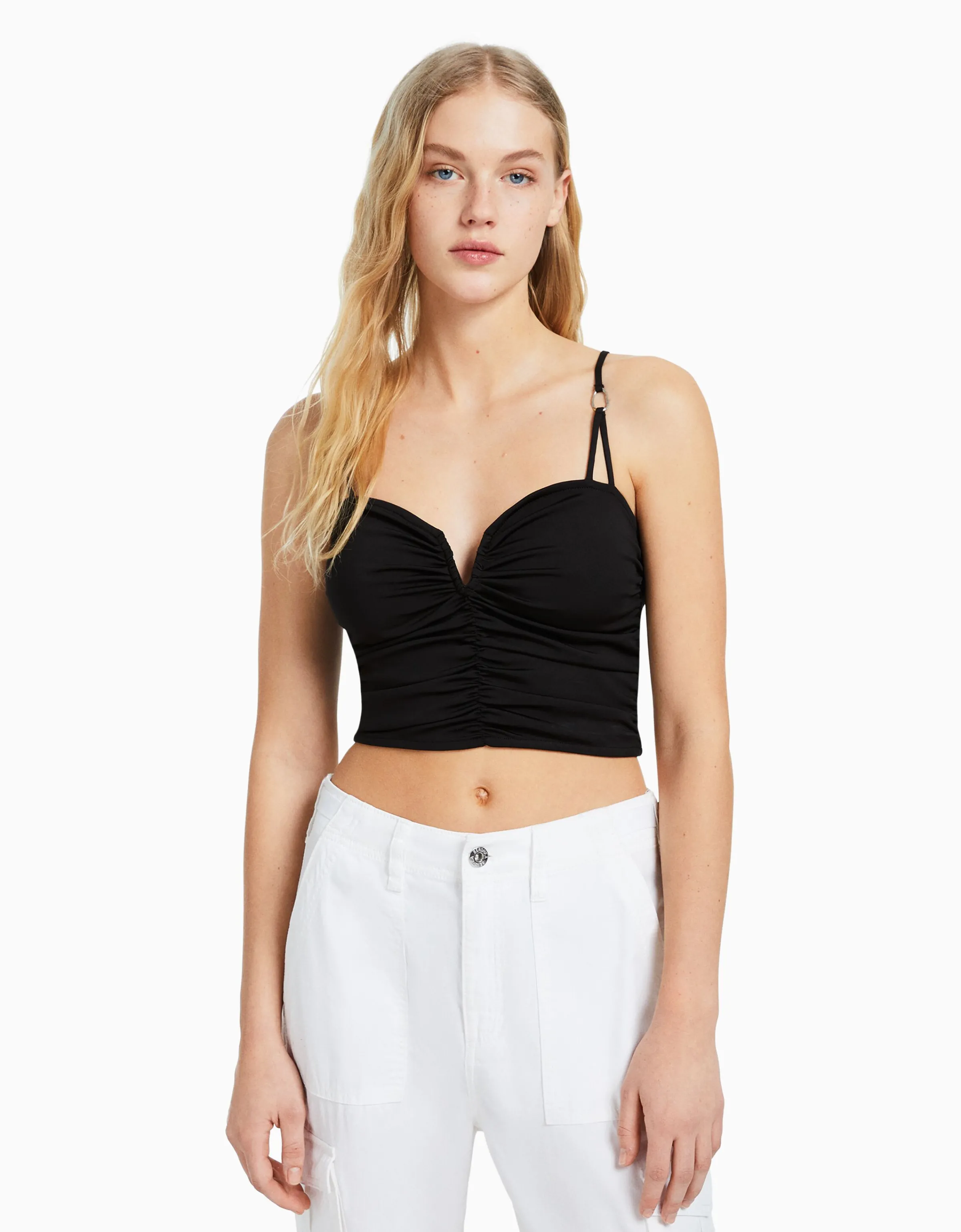 BERSHKA Top fruncido detalle escote Negro Flash Sale