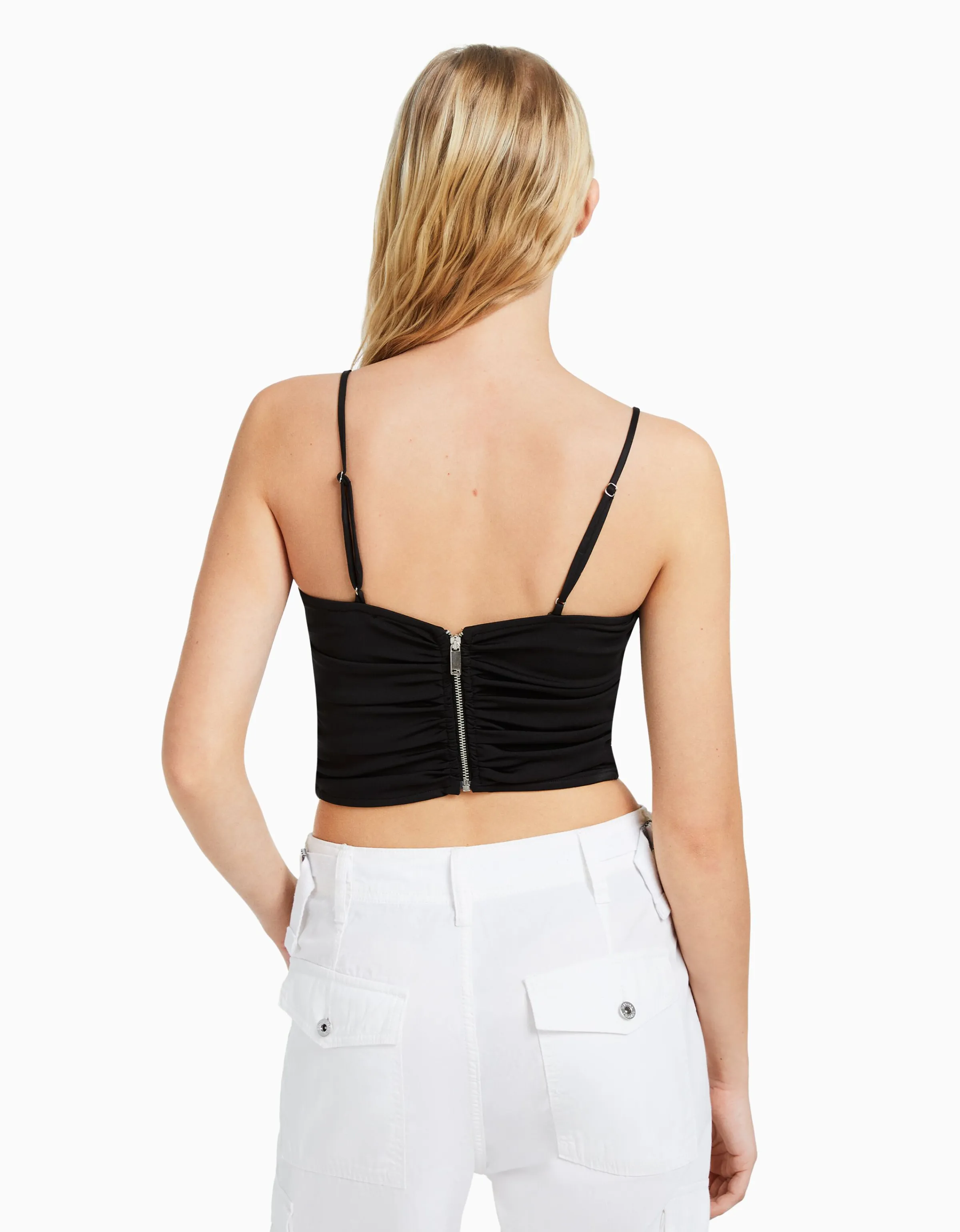 BERSHKA Top fruncido detalle escote Negro Flash Sale