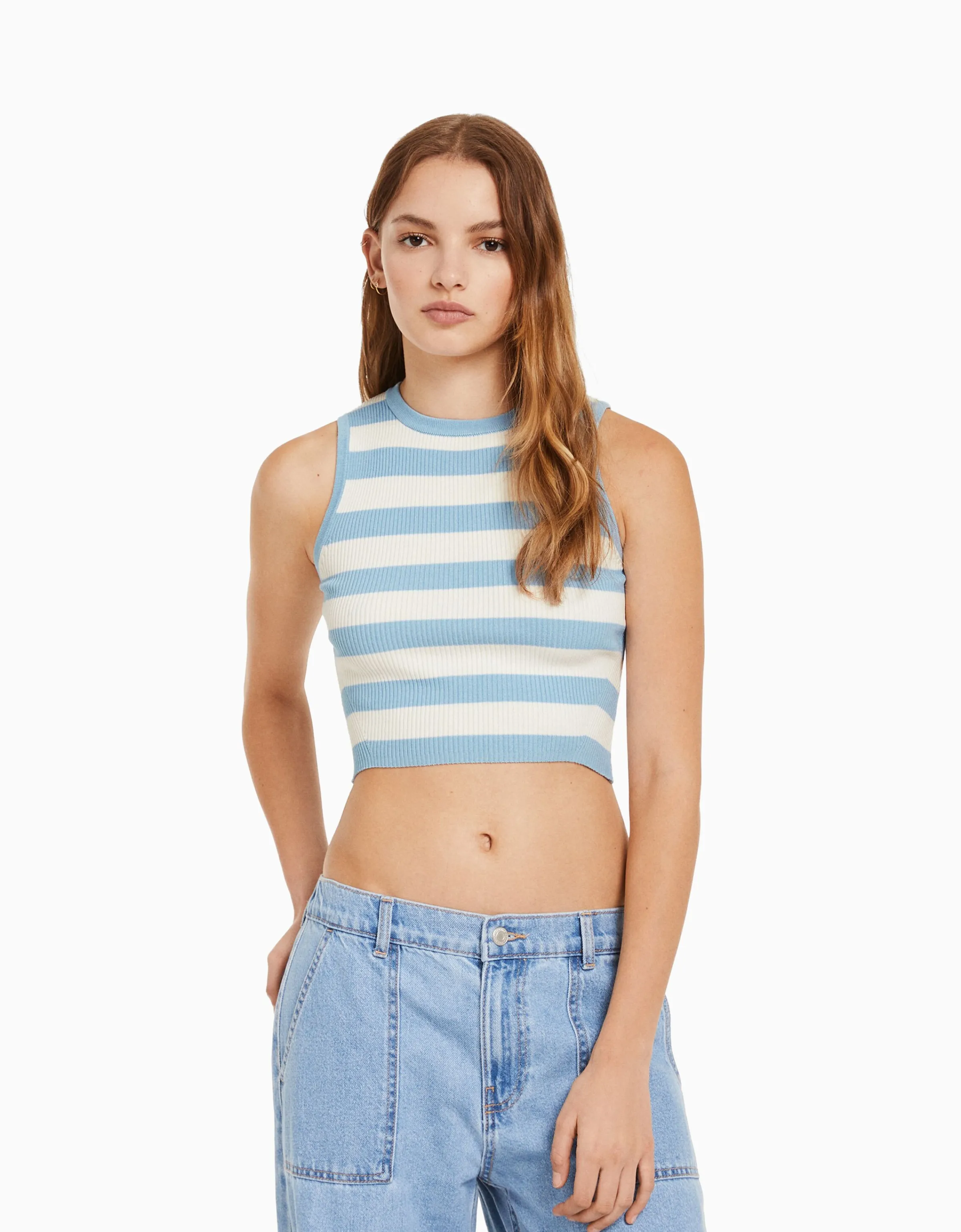 BERSHKA Top sin mangas punto rayas Azul claro Sale