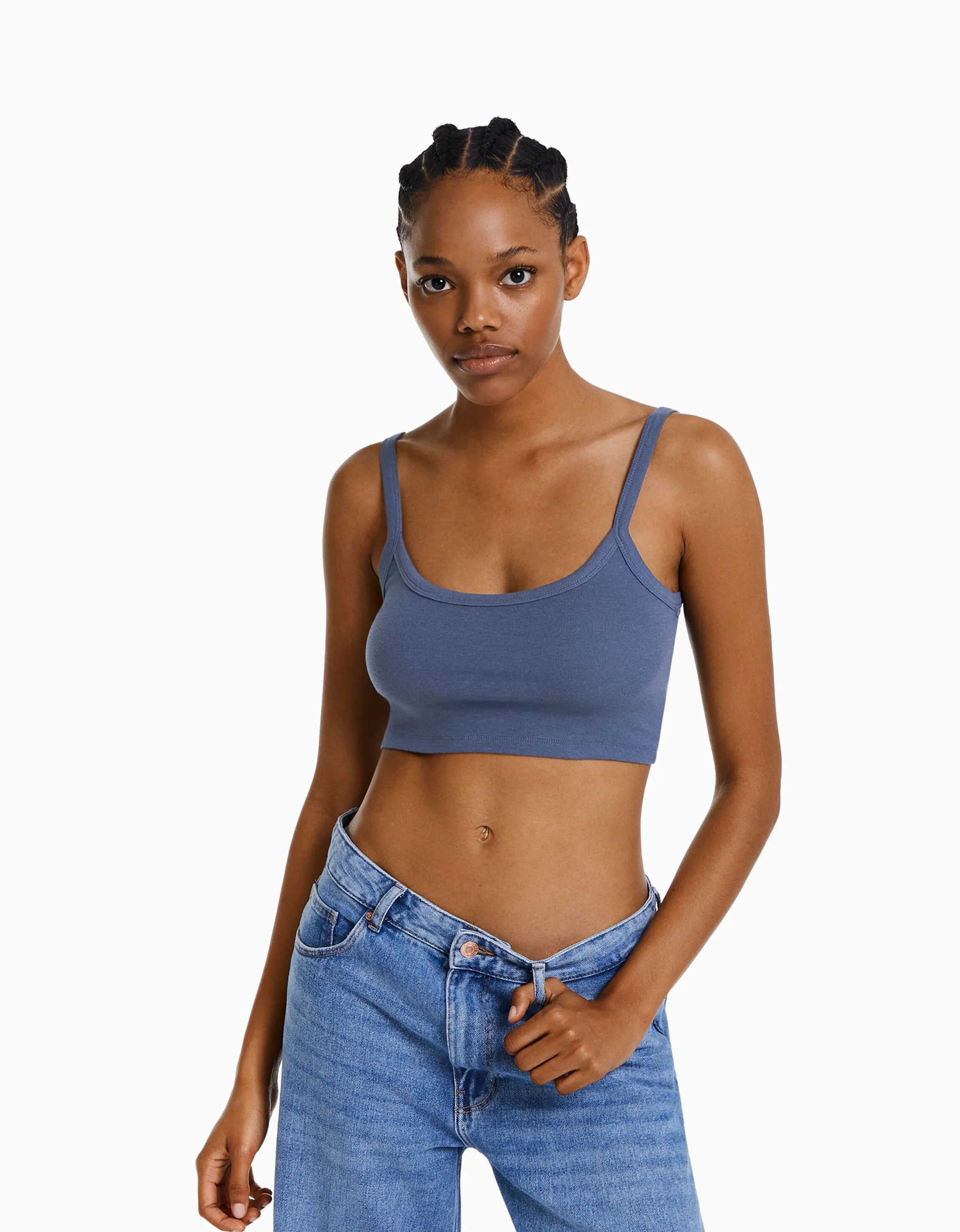 BERSHKA Top tirante ancho cropped Azul lavado Cheap