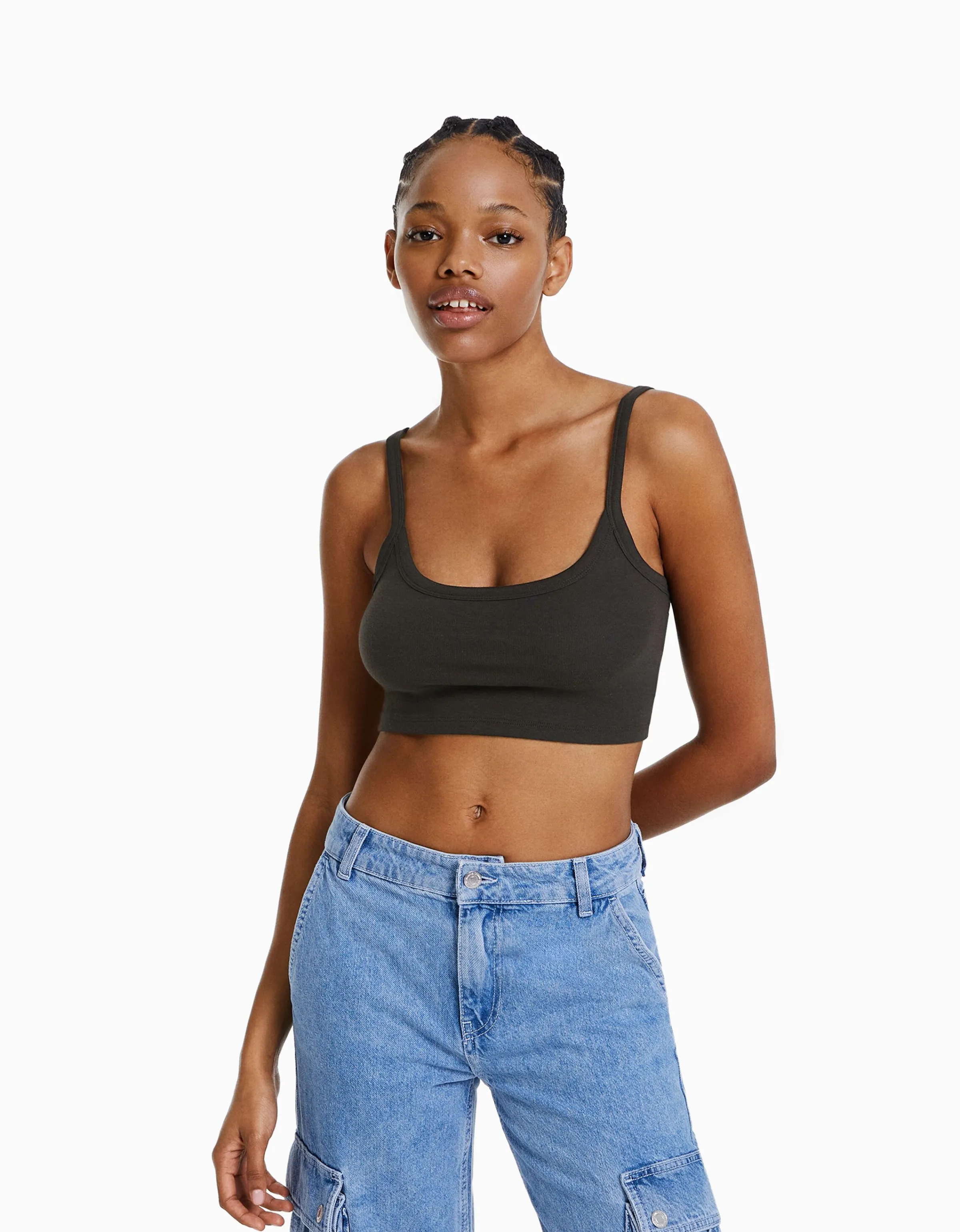 BERSHKA Top tirante ancho cropped Gris Fashion