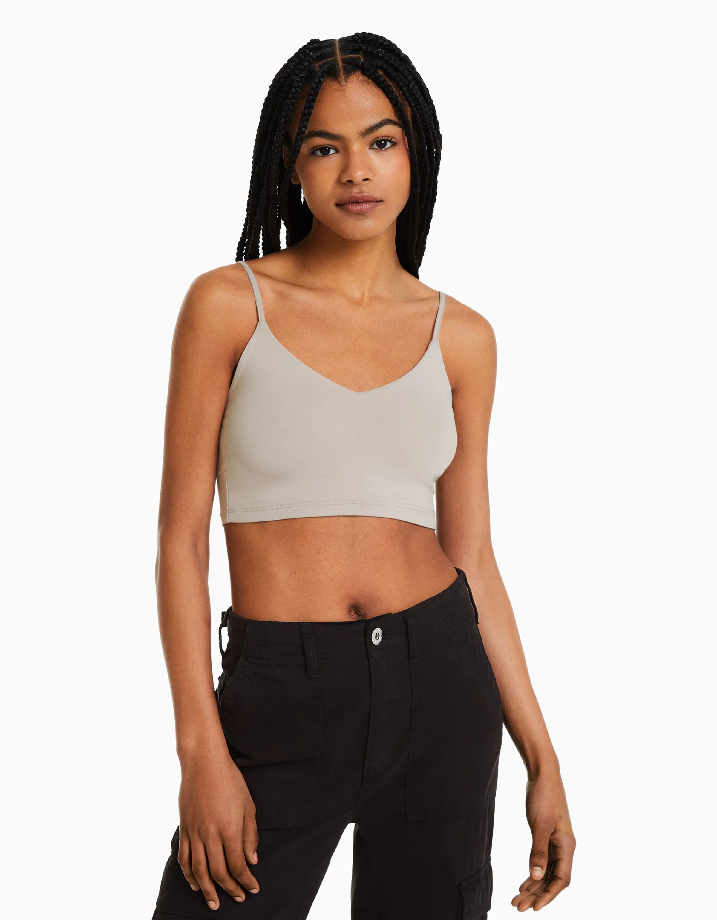 BERSHKA Top tirantes cropped Blanco Hot