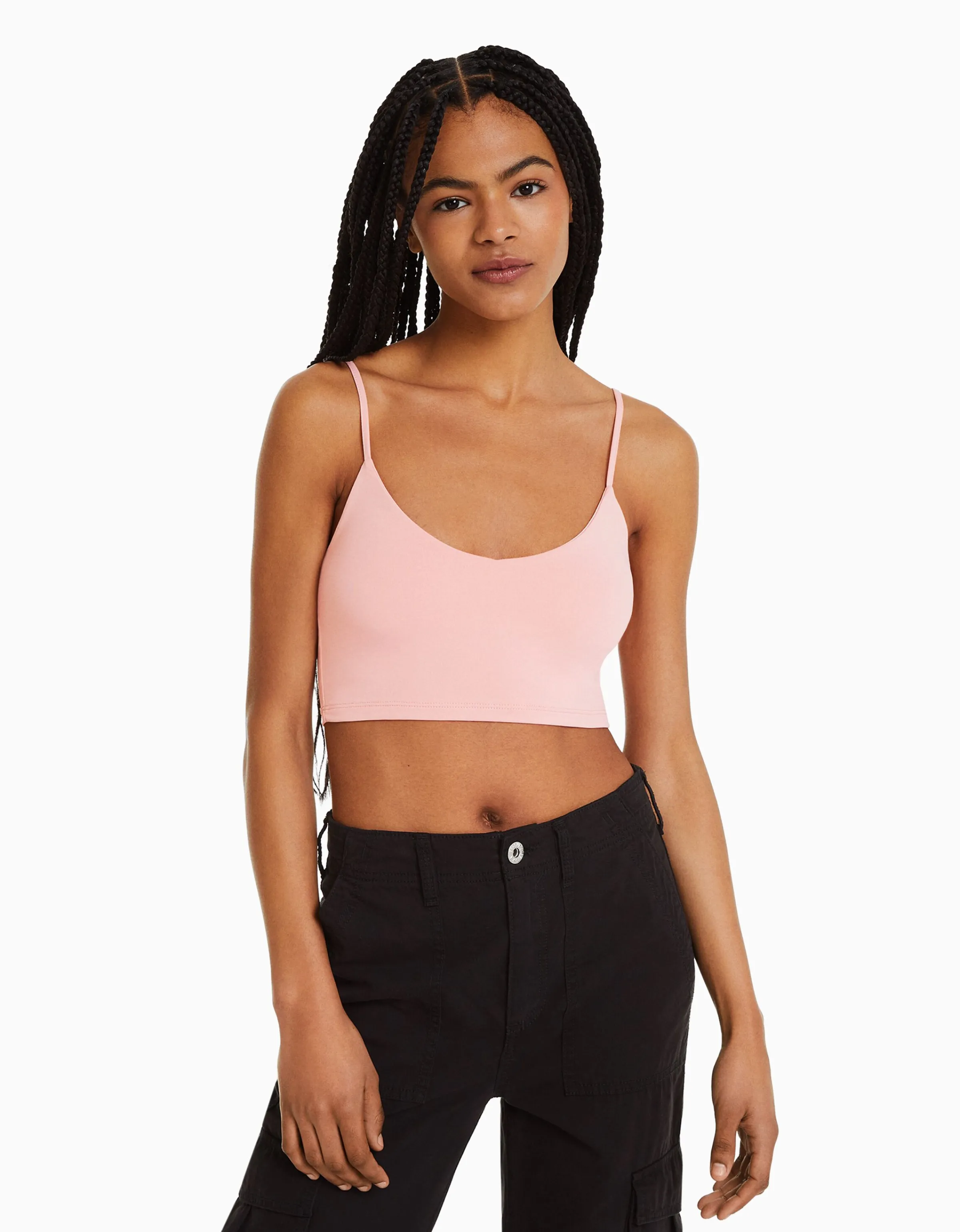 BERSHKA Top tirantes cropped Blanco Online