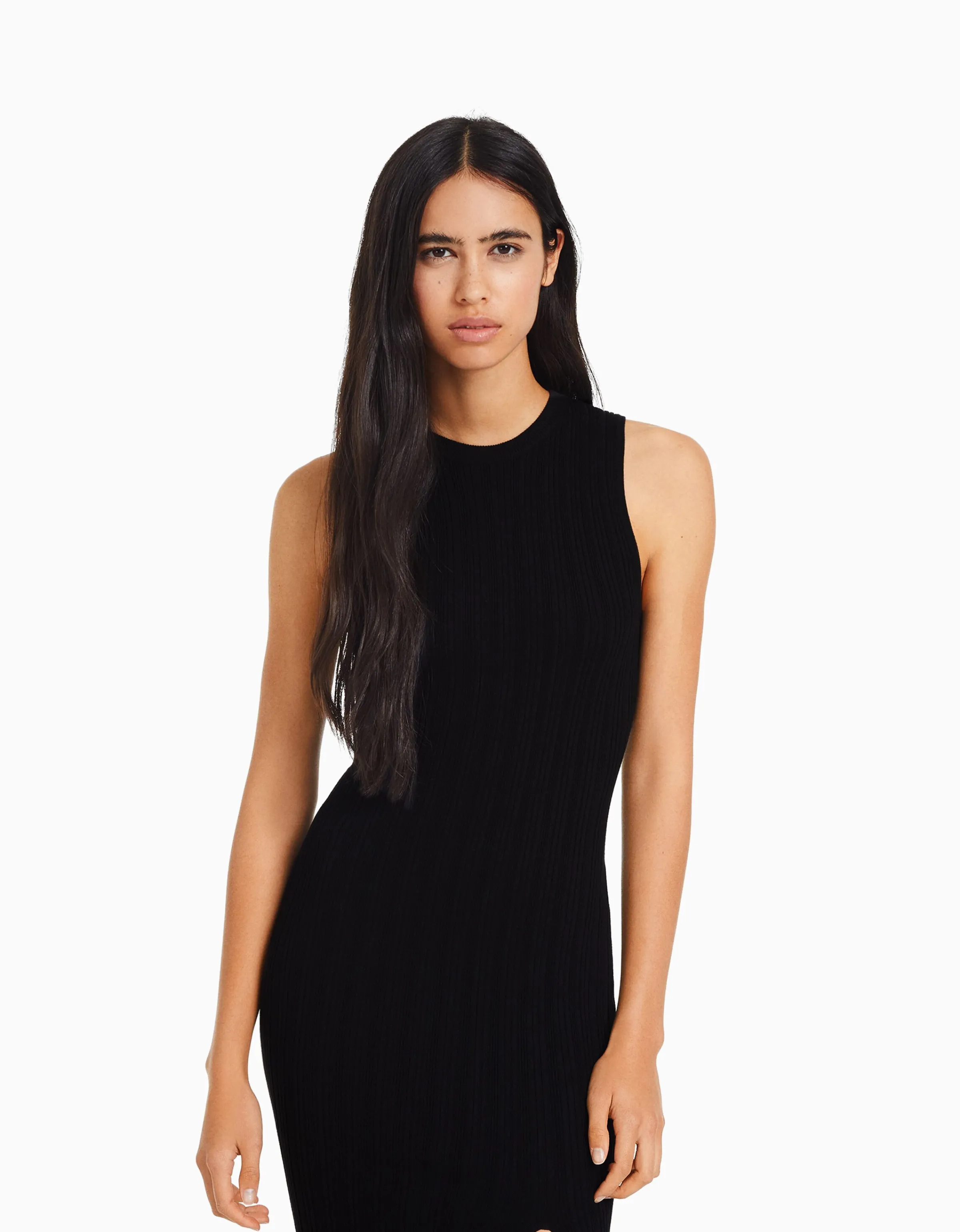 BERSHKA Vestido midi sin mangas punto Negro Best Sale