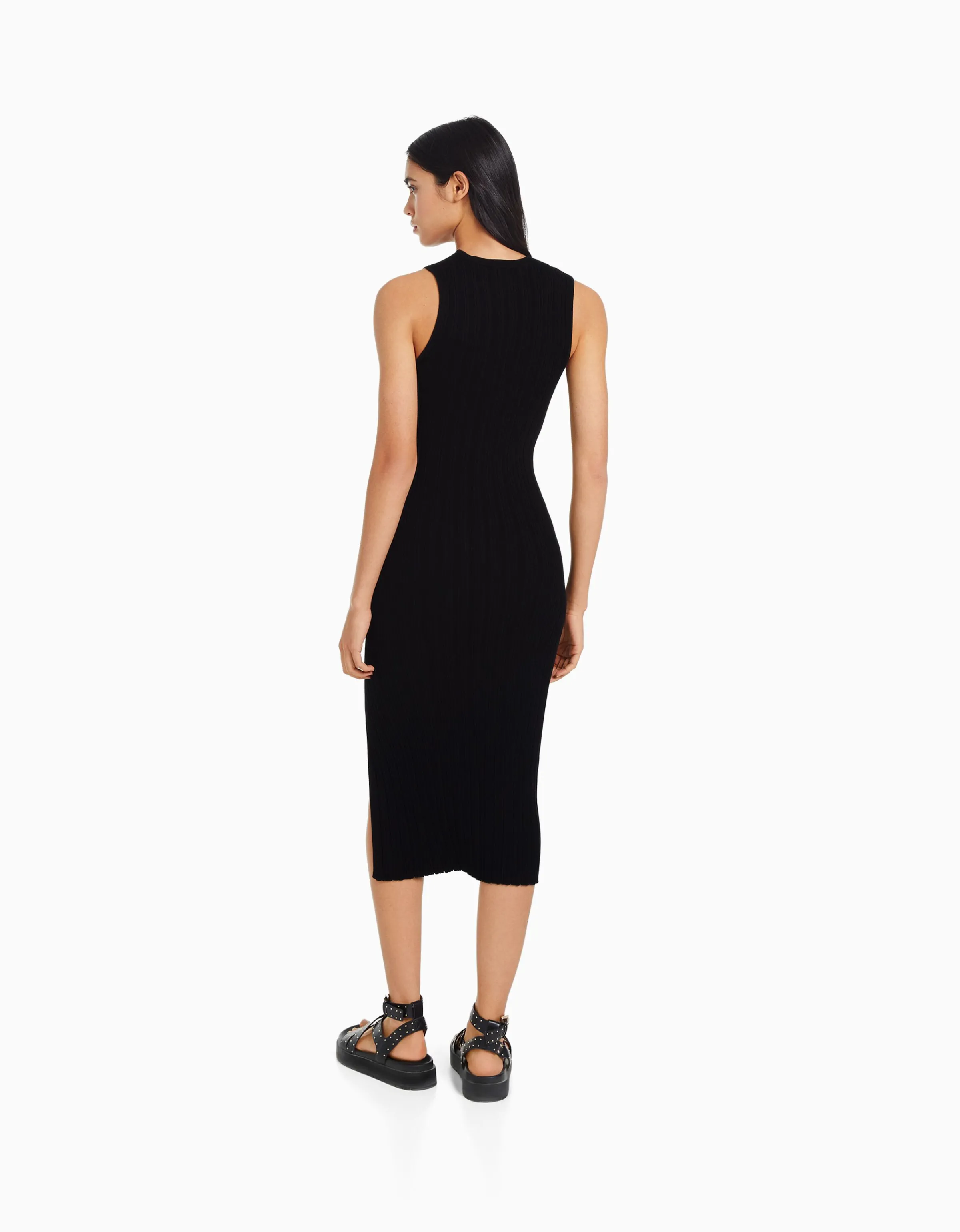 BERSHKA Vestido midi sin mangas punto Negro Best Sale